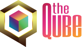 The Qube's logo. A Gamecube-like shaped like a Q with a prism cube in the center. "The Qube" is spelled out along the right of the shape.